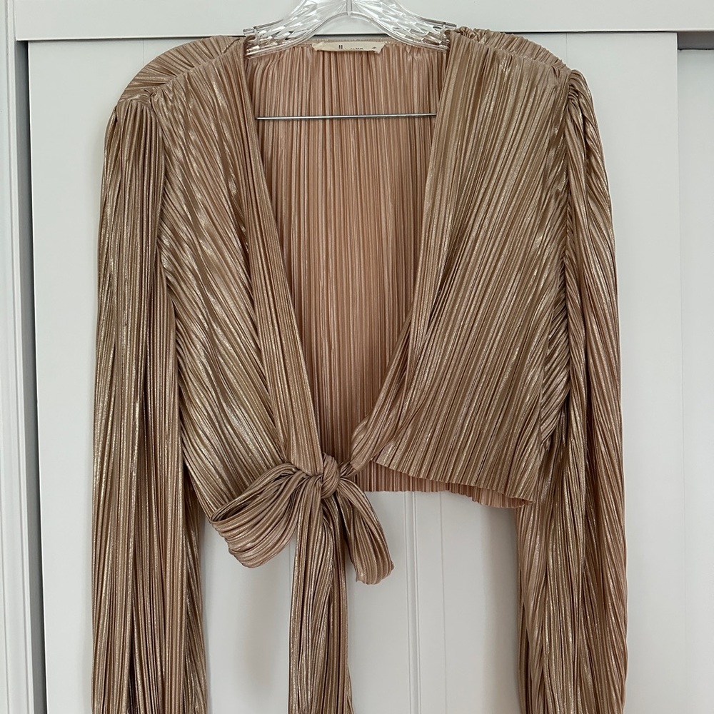 Metallic Gold Plisse Tie Front Top